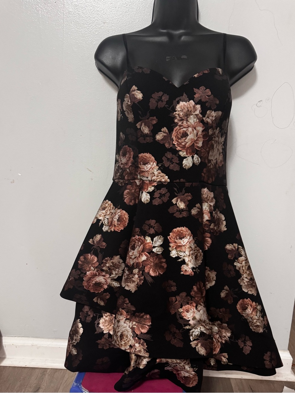 B. Smart Black Strapless Fit-and-Flare Dress with Rose Floral Print